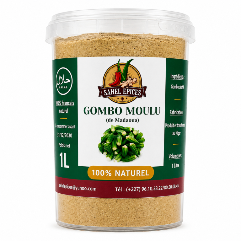 Gombo moulu 100 % naturel de Madaoua au Niger – condiment traditionnel africain pour sauces et soupes.