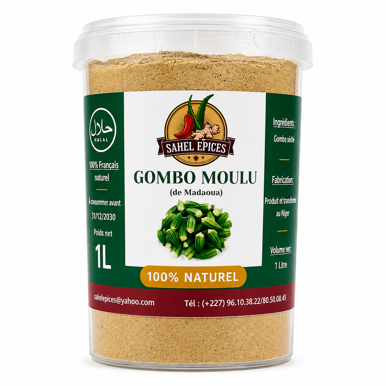 Gombo moulu 100 % naturel de Madaoua au Niger – condiment traditionnel africain pour sauces et soupes.
