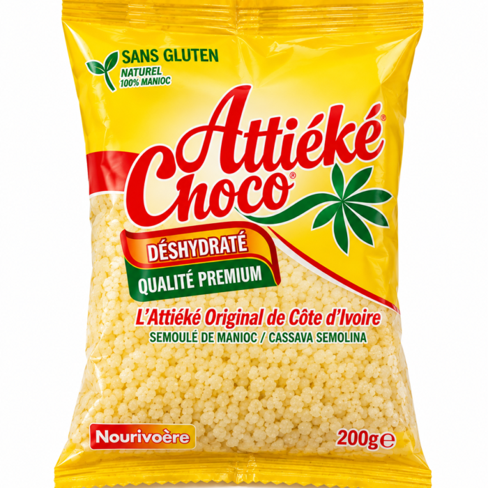 Attiéké Choco déshydraté 200 g – Sémoule de manioc ivoirienne en sachet jaune